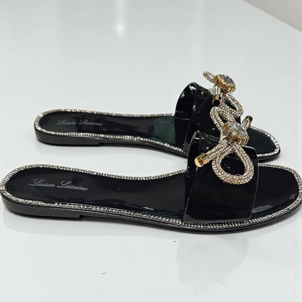 Lauren Lorraine Breeze Black Rhinestone Bow Jelly Slide Sandal Womens 7.5 - Picture 2 of 4